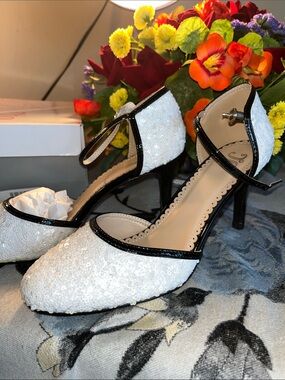 TC White Sequin Ankle-Strap Heels with Black Trim